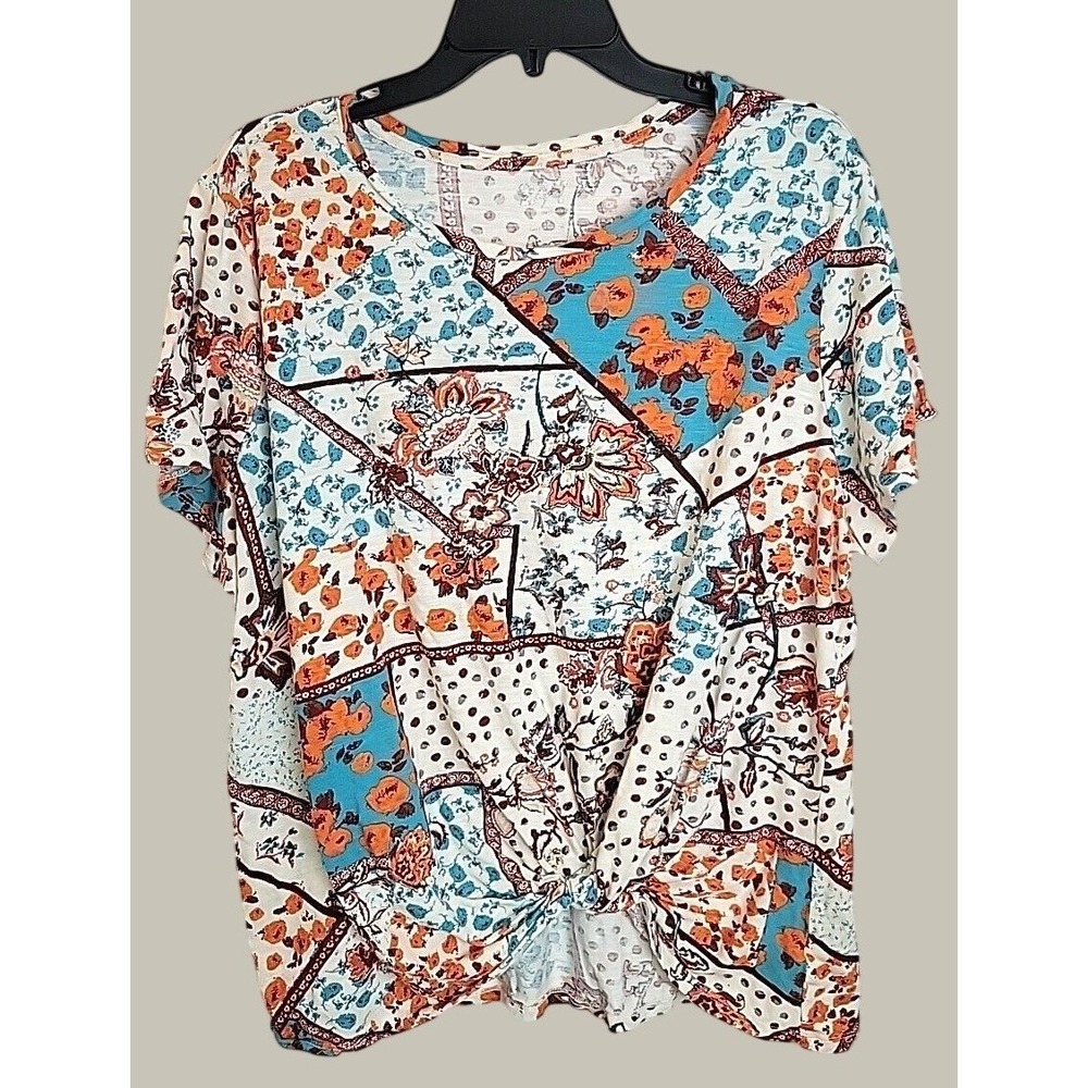 24/7 by Maurice's Top Boho Patchwork Floral Twist Front Knit Shirt Multicolor 3X